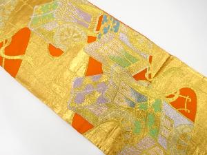 アンティーク　霞に御所車模様織り出し袋帯(着用可)